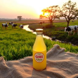 A glass ghee bottle with a shiny golden cap placed on a jute sheet laid out on lush green grass
