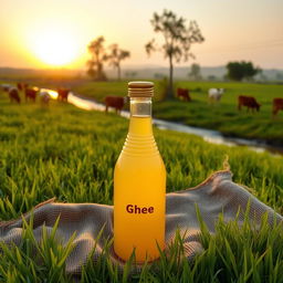 A glass ghee bottle with a shiny golden cap placed on a jute sheet laid out on lush green grass