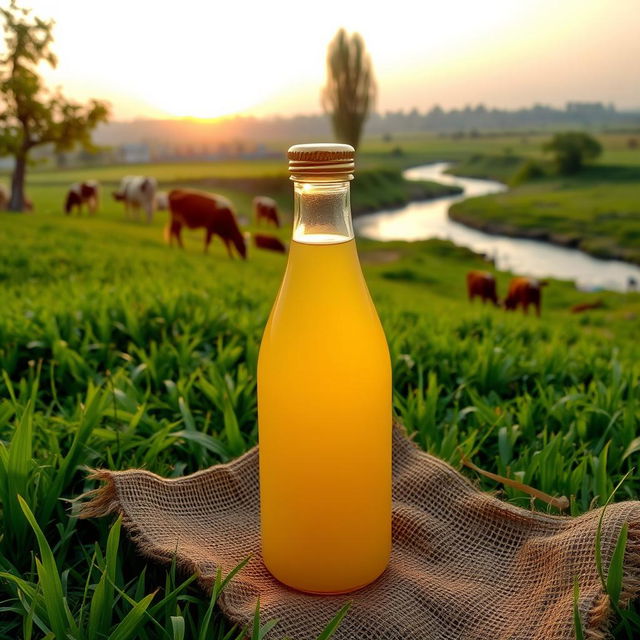 A glass ghee bottle with a shiny golden cap placed on a jute sheet laid out on lush green grass