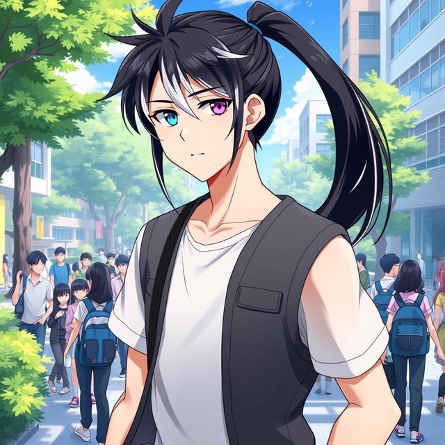 A 23-year-old cool anime guy with a long ponytail of black hair adorned with stylish white bangs, showcasing his unique features with one blue eye and one purple eye