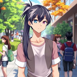 A 23-year-old cool anime guy with a long ponytail of black hair adorned with stylish white bangs, showcasing his unique features with one blue eye and one purple eye