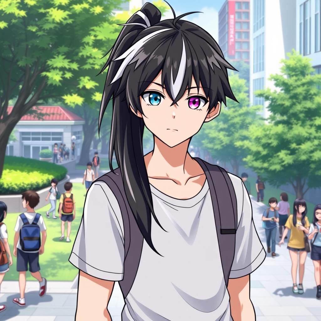 A 23-year-old cool anime guy with a long ponytail of black hair adorned with stylish white bangs, showcasing his unique features with one blue eye and one purple eye