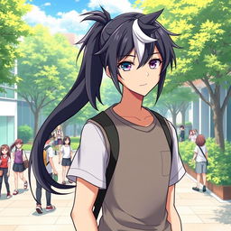 A 23-year-old cool anime guy with a long ponytail of black hair adorned with stylish white bangs, showcasing his unique features with one blue eye and one purple eye