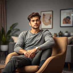 A young man sitting comfortably on a stylish modern chair, with a relaxed posture