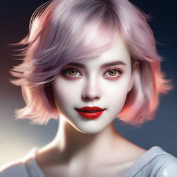 An image of a beautiful girl with light short hair and striking red eyes