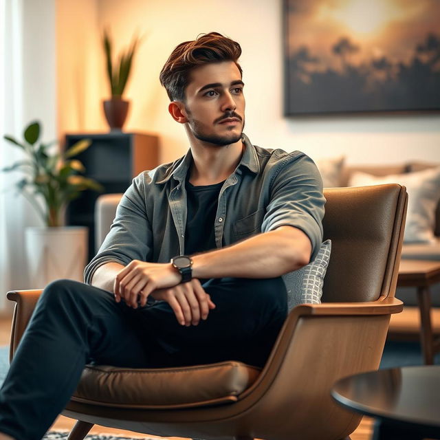 A young man sitting comfortably on a stylish modern chair, with a relaxed posture