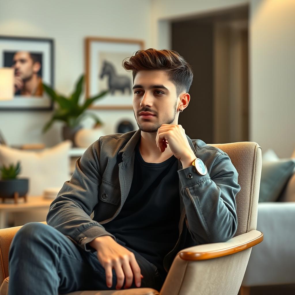A young man sitting comfortably on a stylish modern chair, with a relaxed posture