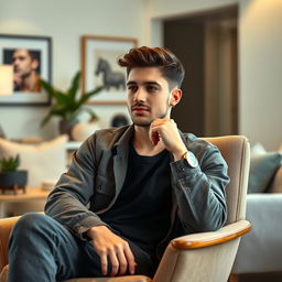 A young man sitting comfortably on a stylish modern chair, with a relaxed posture