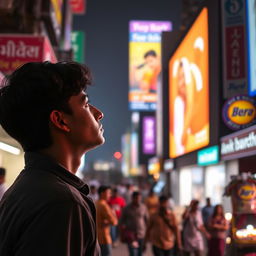 A scene of a person deeply focused on a vibrant digital billboard in a busy street in India, surrounded by a bustling urban environment