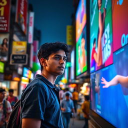 A scene of a person deeply focused on a vibrant digital billboard in a busy street in India, surrounded by a bustling urban environment