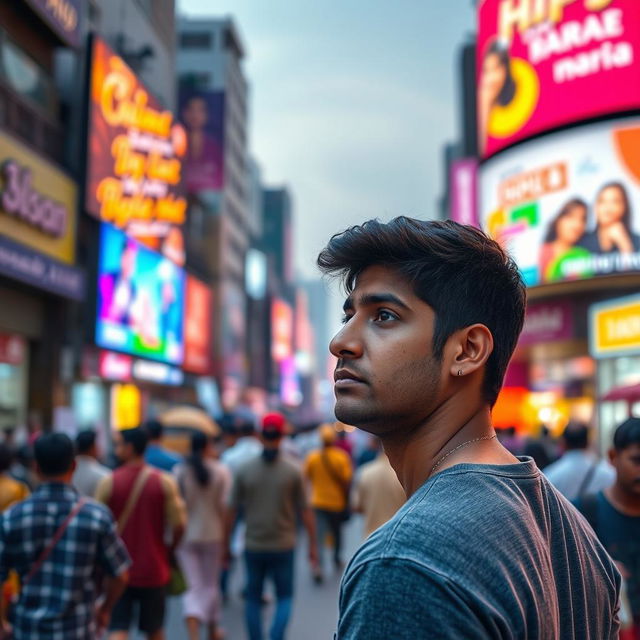 A scene of a person deeply focused on a vibrant digital billboard in a busy street in India, surrounded by a bustling urban environment