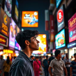 A scene of a person deeply focused on a vibrant digital billboard in a busy street in India, surrounded by a bustling urban environment