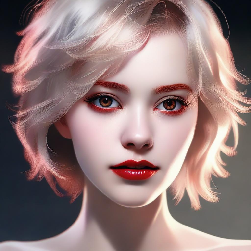 An image of a beautiful girl with light short hair and striking red eyes