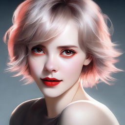 An image of a beautiful girl with light short hair and striking red eyes