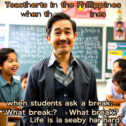 A candid photo of a teacher in a classroom in the Philippines, dressed in smart yet casual attire