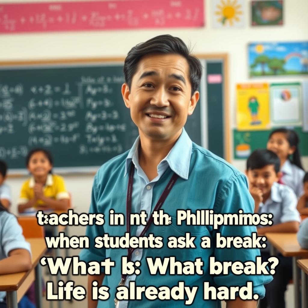 A candid photo of a teacher in a classroom in the Philippines, dressed in smart yet casual attire