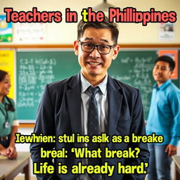 A candid photo of a teacher in a classroom in the Philippines, dressed in smart yet casual attire