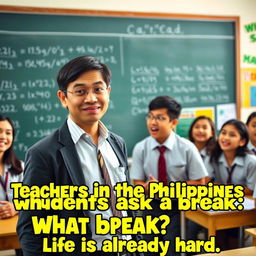 A candid photo of a teacher in a classroom in the Philippines, dressed in smart yet casual attire