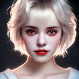 An image of a beautiful girl with light short hair and striking red eyes