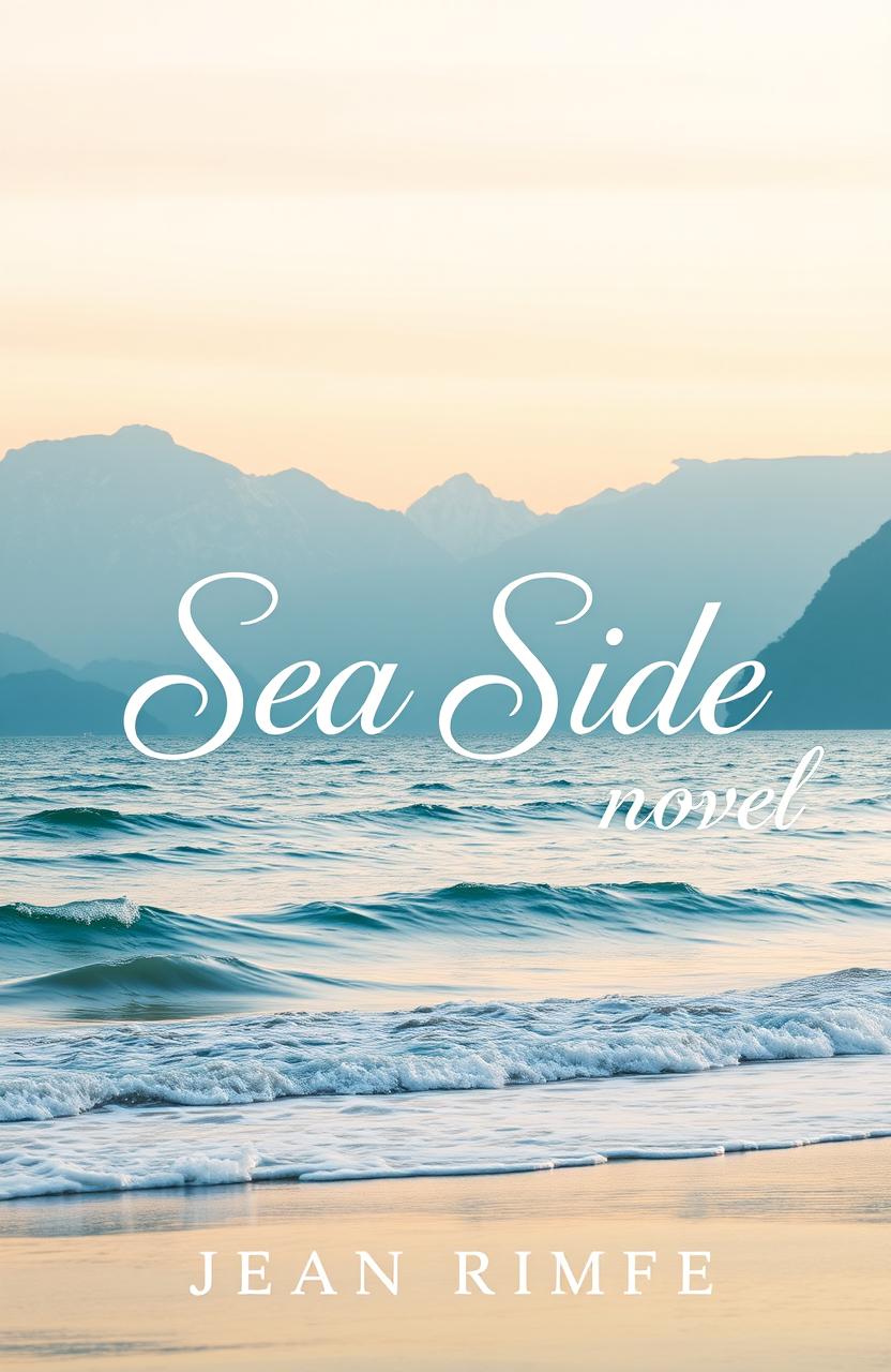 A stunning book cover for a novel titled "Sea Side", featuring a picturesque background of a serene sea with gentle waves lapping at the shore and majestic mountains in the distance