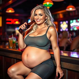 A beautiful sexy curvy blonde woman, dressed in tight shorts and a fitted tank top