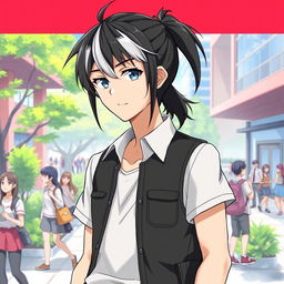 A 23-year-old cool anime guy with medium-length ponytail black hair accented with striking white bangs, showcasing his unique feature of a blue left eye and a purple right eye