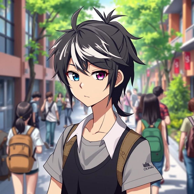 A 23-year-old cool anime guy with medium-length ponytail black hair accented with striking white bangs, showcasing his unique feature of a blue left eye and a purple right eye