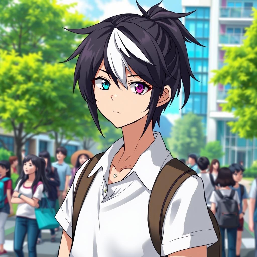 A 23-year-old cool anime guy with medium-length ponytail black hair accented with striking white bangs, showcasing his unique feature of a blue left eye and a purple right eye