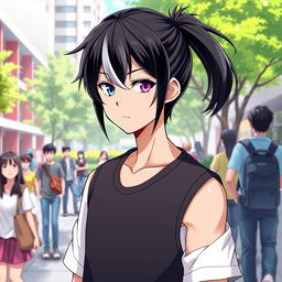 A 23-year-old cool anime guy with medium-length ponytail black hair accented with striking white bangs, showcasing his unique feature of a blue left eye and a purple right eye