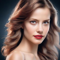 This is a high-quality image of a beautiful woman with light brown hair and captivating red eyes