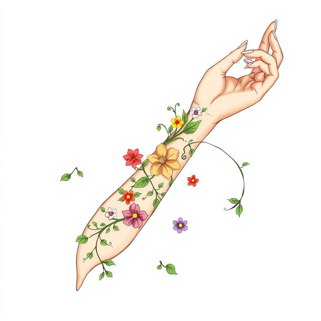 A hand drawn anime style illustration featuring a woman's arm beautifully adorned with intricate designs of vines and colorful flowers