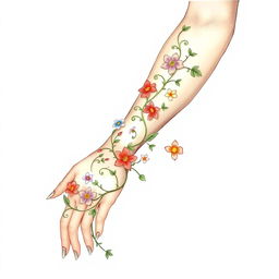 A hand drawn anime style illustration featuring a woman's arm beautifully adorned with intricate designs of vines and colorful flowers