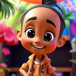 An animated character with a friendly expression, featuring brownish skin color, large expressive eyes, and wearing casual clothing