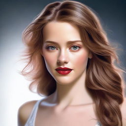 This is a high-quality image of a beautiful woman with light brown hair and captivating red eyes