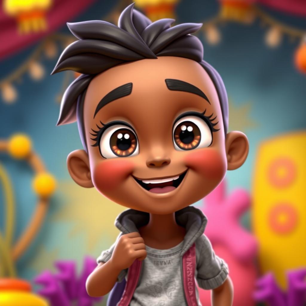 An animated character with a friendly expression, featuring brownish skin color, large expressive eyes, and wearing casual clothing