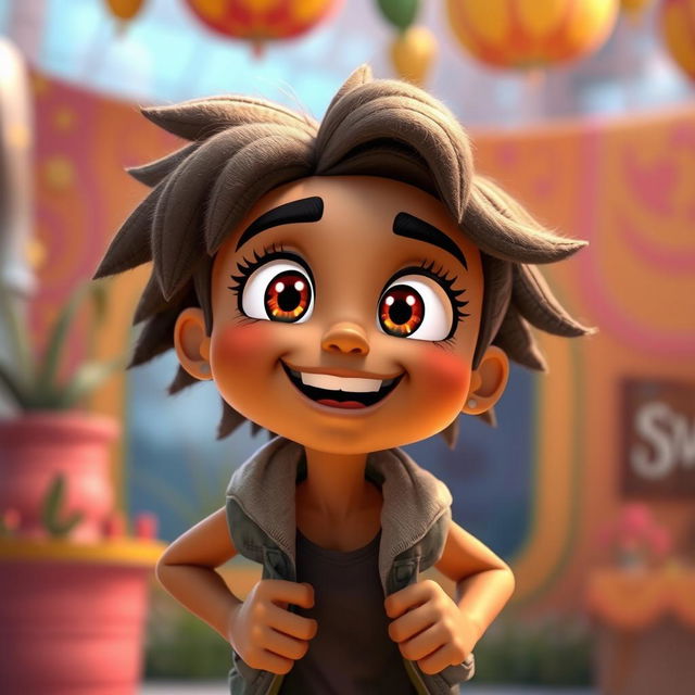 An animated character with a friendly expression, featuring brownish skin color, large expressive eyes, and wearing casual clothing