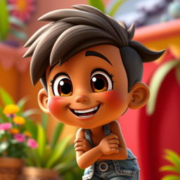 An animated character with a friendly expression, featuring brownish skin color, large expressive eyes, and wearing casual clothing