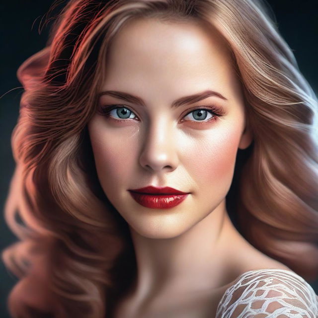 This is a high-quality image of a beautiful woman with light brown hair and captivating red eyes