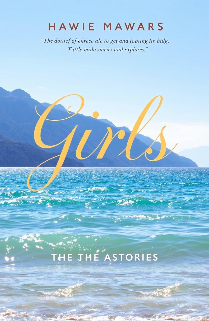 A beautifully designed book cover titled 'Girls', featuring a serene background with a shimmering blue sea and majestic mountains in the distance