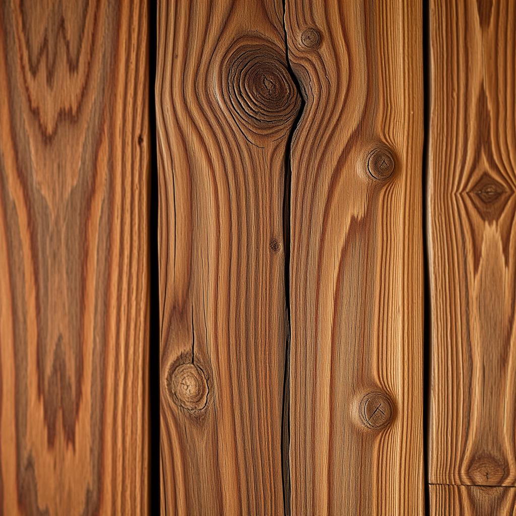 A close-up view of a rustic wooden wall featuring rich textures, with visible wood grains and knots