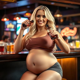 A beautiful sexy curvy blonde woman, with an innocent expression, wearing tight shorts and a fitted tank top