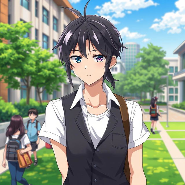 A 23-year-old ikemen anime character with a medium ponytail of black hair elegantly framed by white bangs, exhibiting captivating features with a blue left eye and a purple right eye