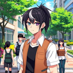 A 23-year-old ikemen anime character with a medium ponytail of black hair elegantly framed by white bangs, exhibiting captivating features with a blue left eye and a purple right eye