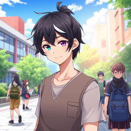 A 23-year-old ikemen anime character with a medium ponytail of black hair elegantly framed by white bangs, exhibiting captivating features with a blue left eye and a purple right eye