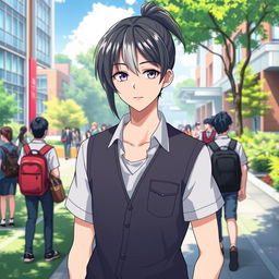 A 23-year-old ikemen anime character with a medium ponytail of black hair elegantly framed by white bangs, exhibiting captivating features with a blue left eye and a purple right eye