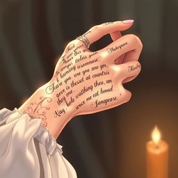 A beautifully hand drawn anime style illustration featuring a woman's arm elegantly adorned with intricate Shakespearean style writing