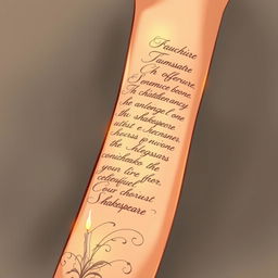 A beautifully hand drawn anime style illustration featuring a woman's arm elegantly adorned with intricate Shakespearean style writing