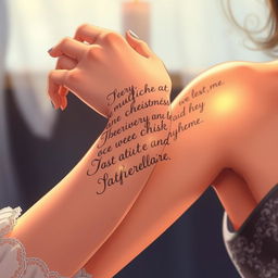 A beautifully hand drawn anime style illustration featuring a woman's arm elegantly adorned with intricate Shakespearean style writing