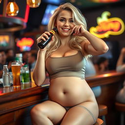 A beautiful sexy curvy blonde woman, exuding an innocent charm, dressed in tight shorts and a fitted tank top
