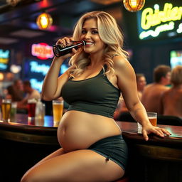 A beautiful sexy curvy blonde woman, exuding an innocent charm, dressed in tight shorts and a fitted tank top